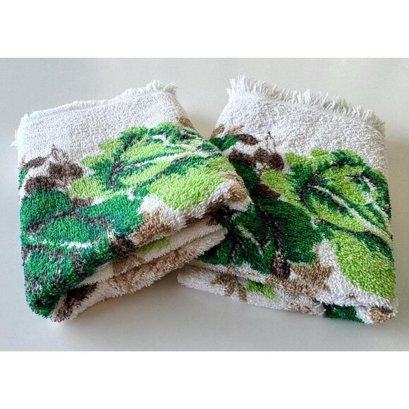 Vintage 70s bath towels, large green roses bouquet, fringed, 100% cotton, pair - Picture 9 of 9